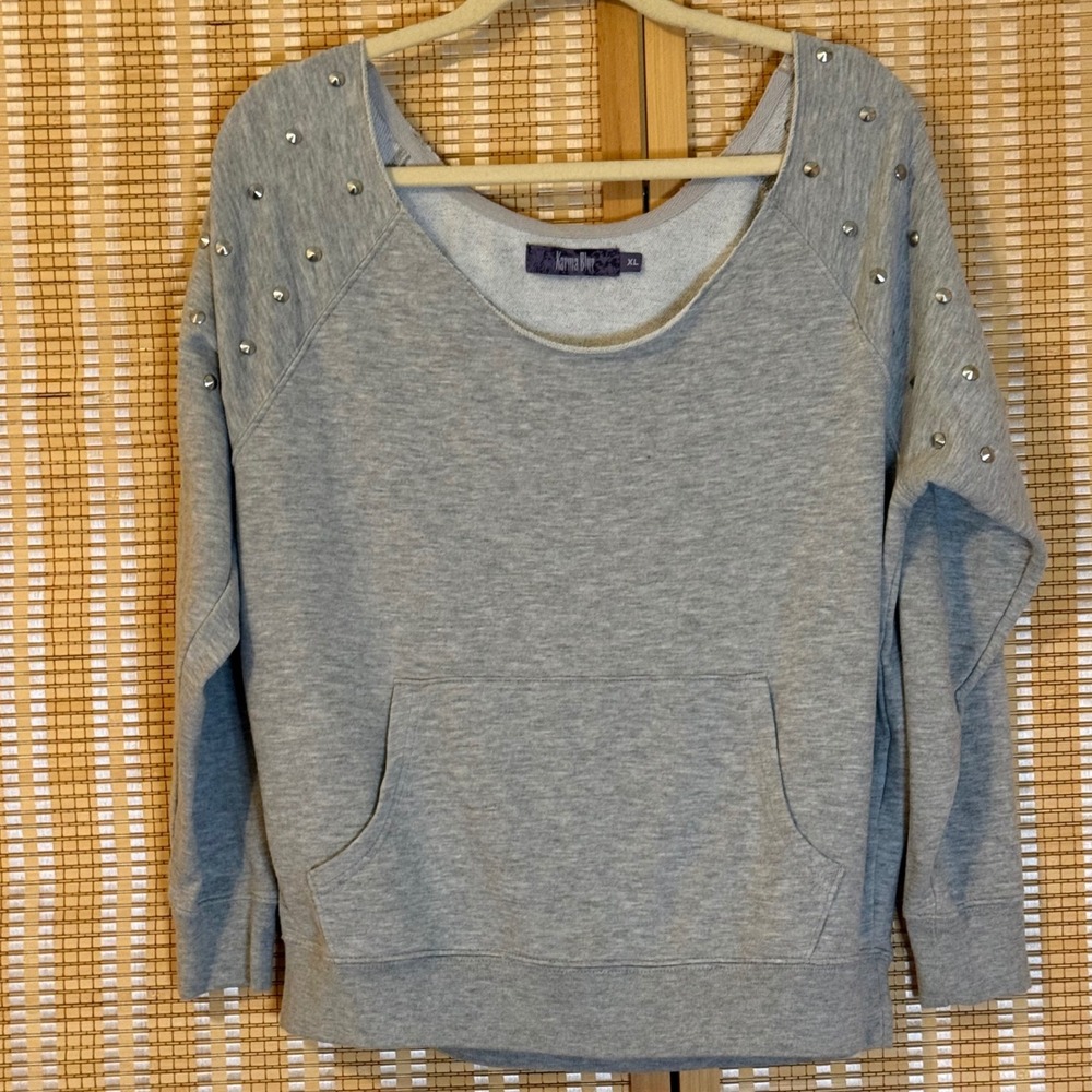Karma Blue Womens XL Gray Studded Raglan Sweatshirt Scoop Neck French Terry